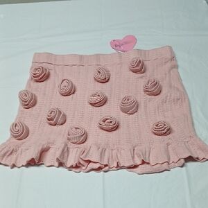 Dolls Kill Sugar Thrillz Pink Pointelle Knit Mini Skirt w/ 3-D Fabric Roses Sz M